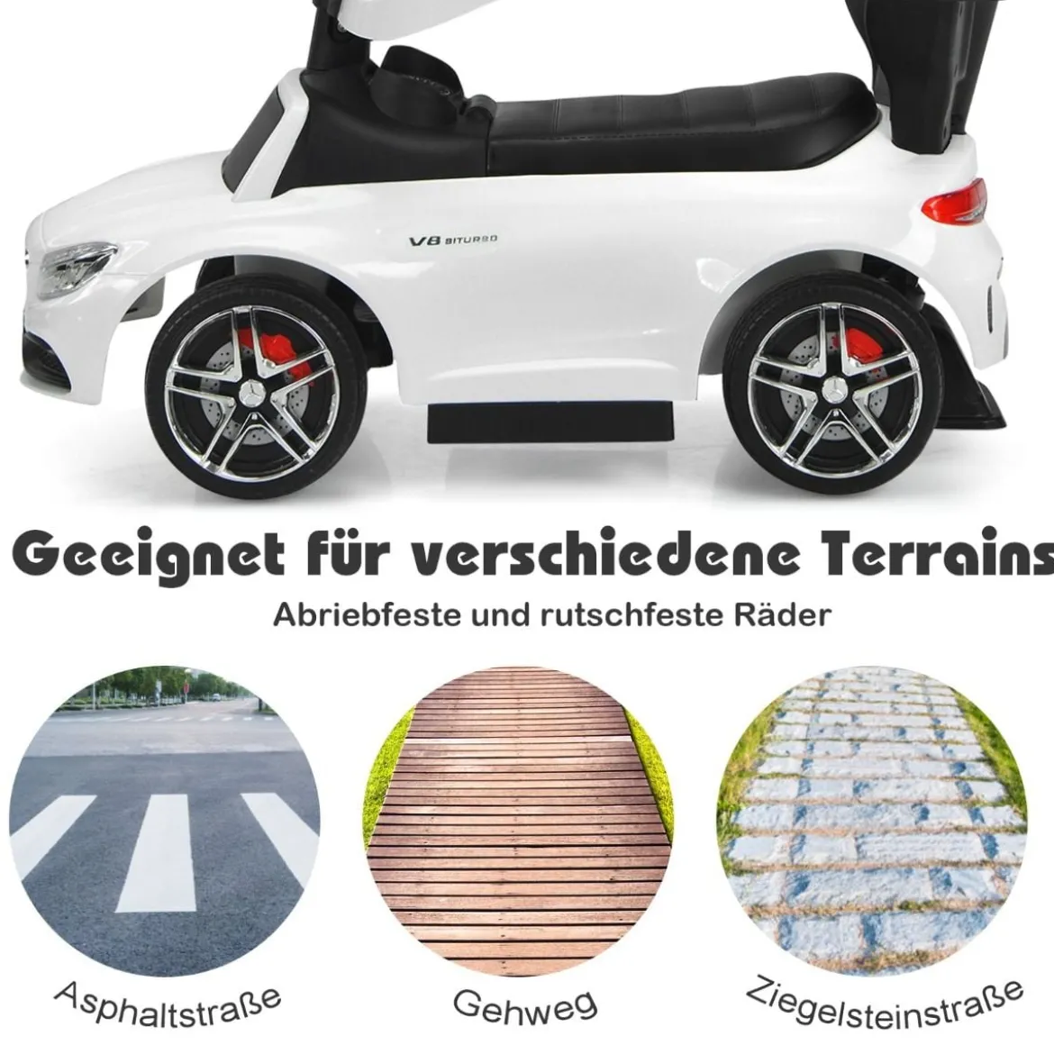 3 in 1 Rutschauto Schiebeauto mit Abnehmbarem Sonnendach & Schiebgriff & Stauraum Weiß