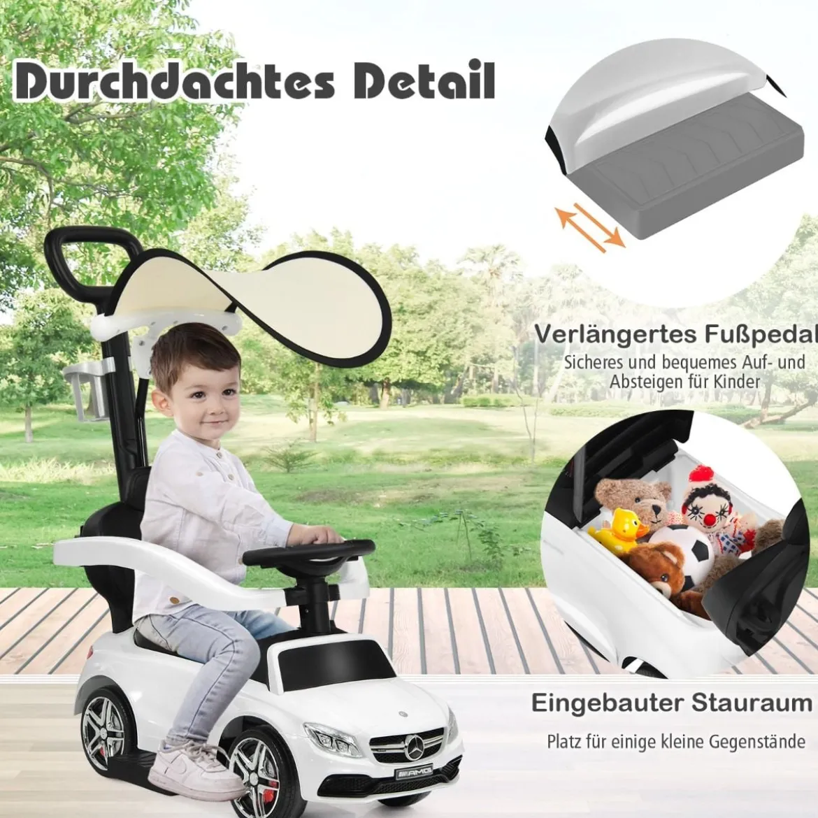 3 in 1 Rutschauto Schiebeauto mit Abnehmbarem Sonnendach & Schiebgriff & Stauraum Weiß