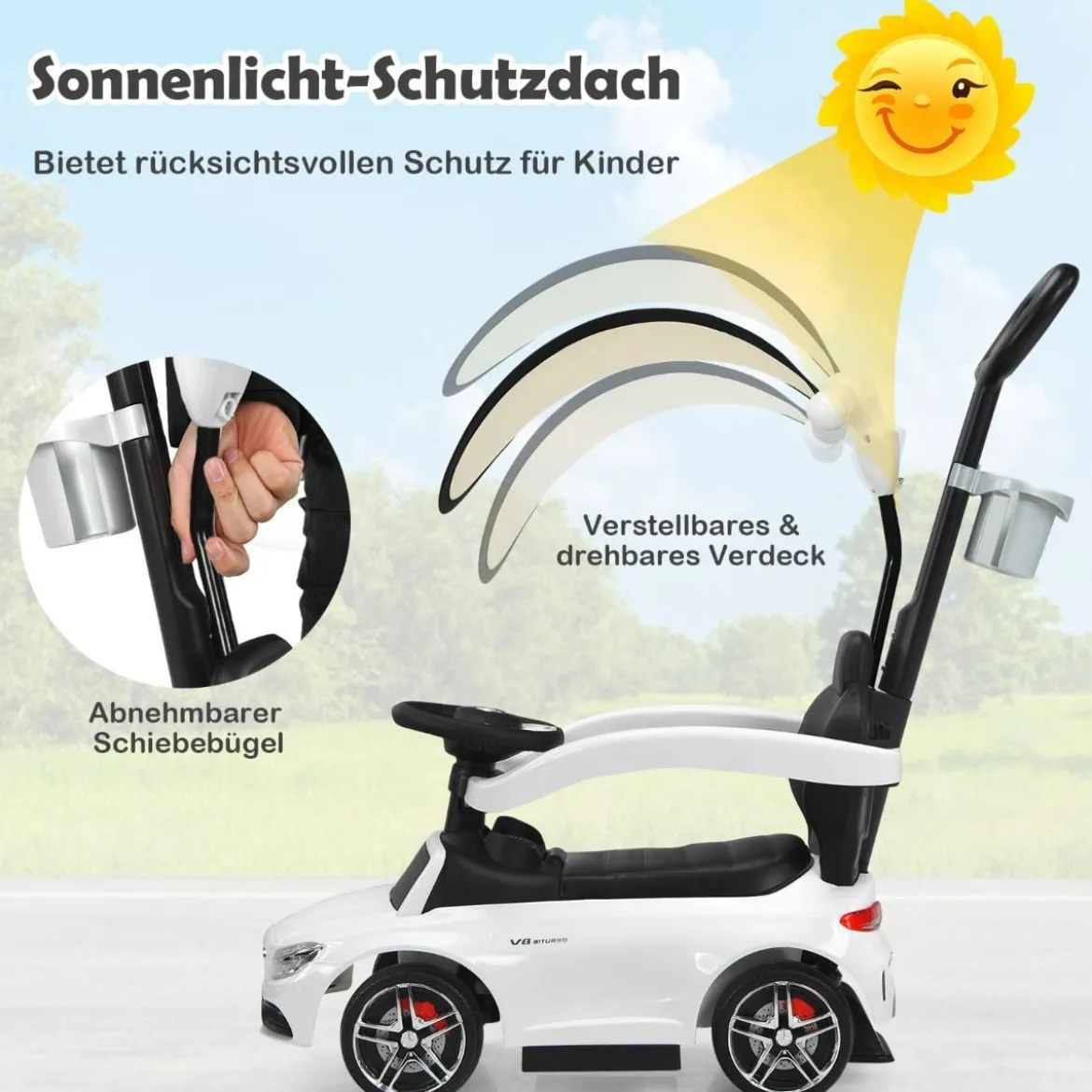 3 in 1 Rutschauto Schiebeauto mit Abnehmbarem Sonnendach & Schiebgriff & Stauraum Weiß