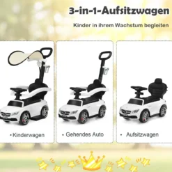 3 in 1 Rutschauto Schiebeauto mit Abnehmbarem Sonnendach & Schiebgriff & Stauraum Weiß