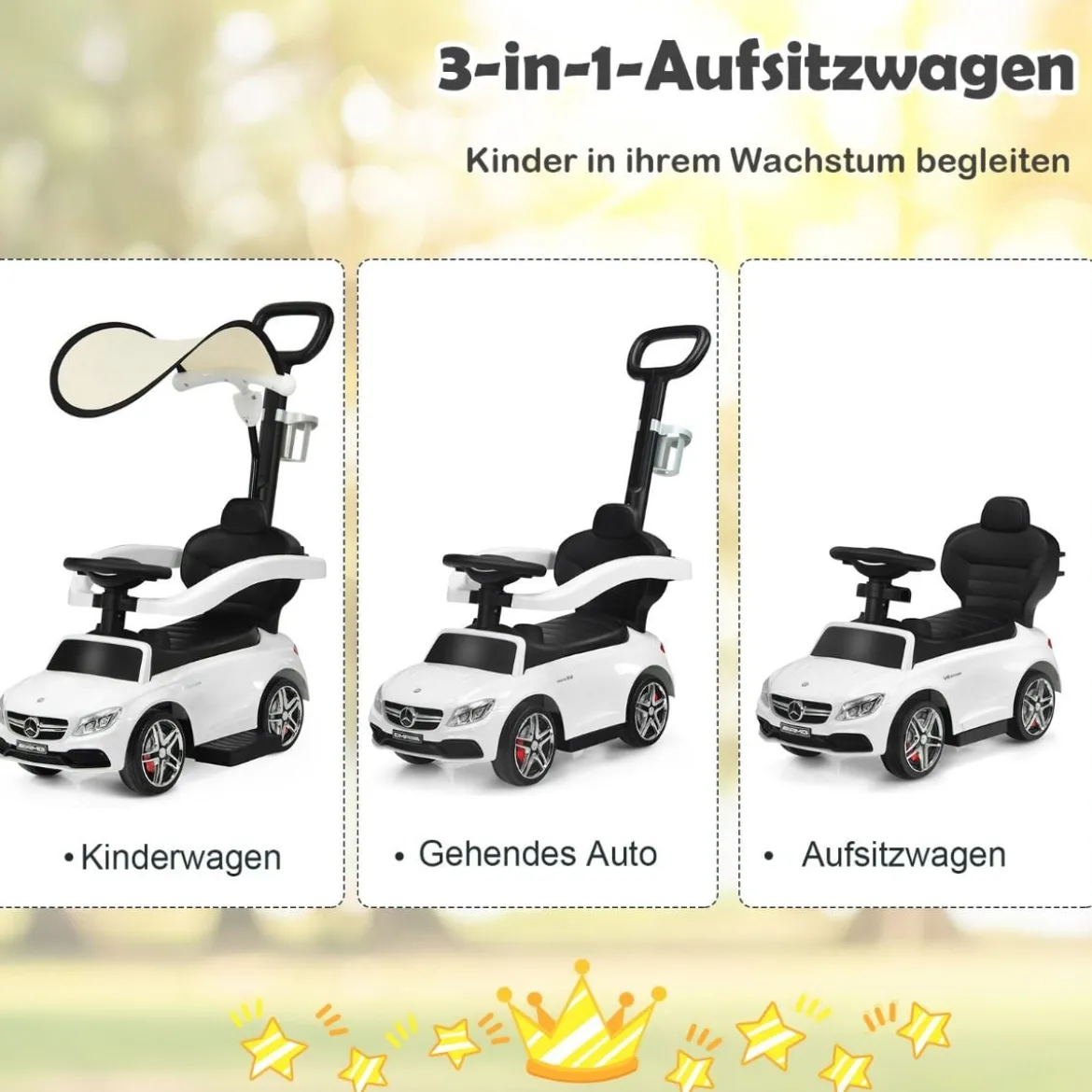 3 in 1 Rutschauto Schiebeauto mit Abnehmbarem Sonnendach & Schiebgriff & Stauraum Weiß