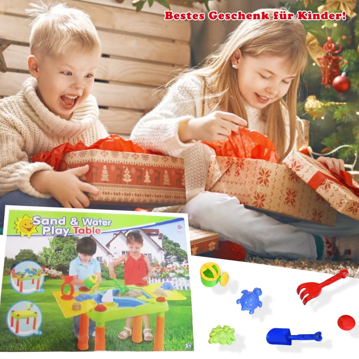 2-in-1 Sand- & Wasserspieltisch Sandkastentisch Spieltisch Sandkasten Spielzeug für innen- & Außen für Kinder 18-teilig