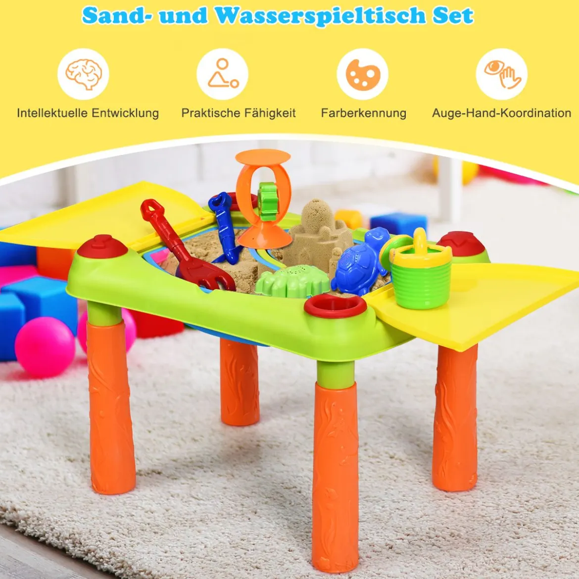 2-in-1 Sand- & Wasserspieltisch Sandkastentisch Spieltisch Sandkasten Spielzeug für innen- & Außen für Kinder 18-teilig
