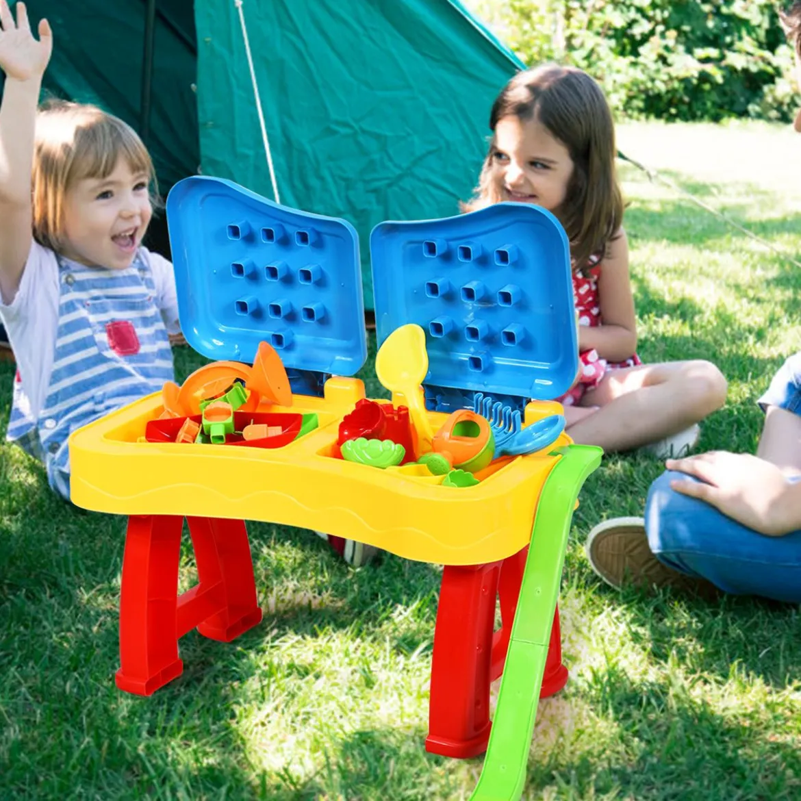 2-in-1 Sand- & Wasserspieltisch Sandkastentisch Spieltisch Sandkasten Spielzeug für innen- & Außen für Kinder 31-teilig