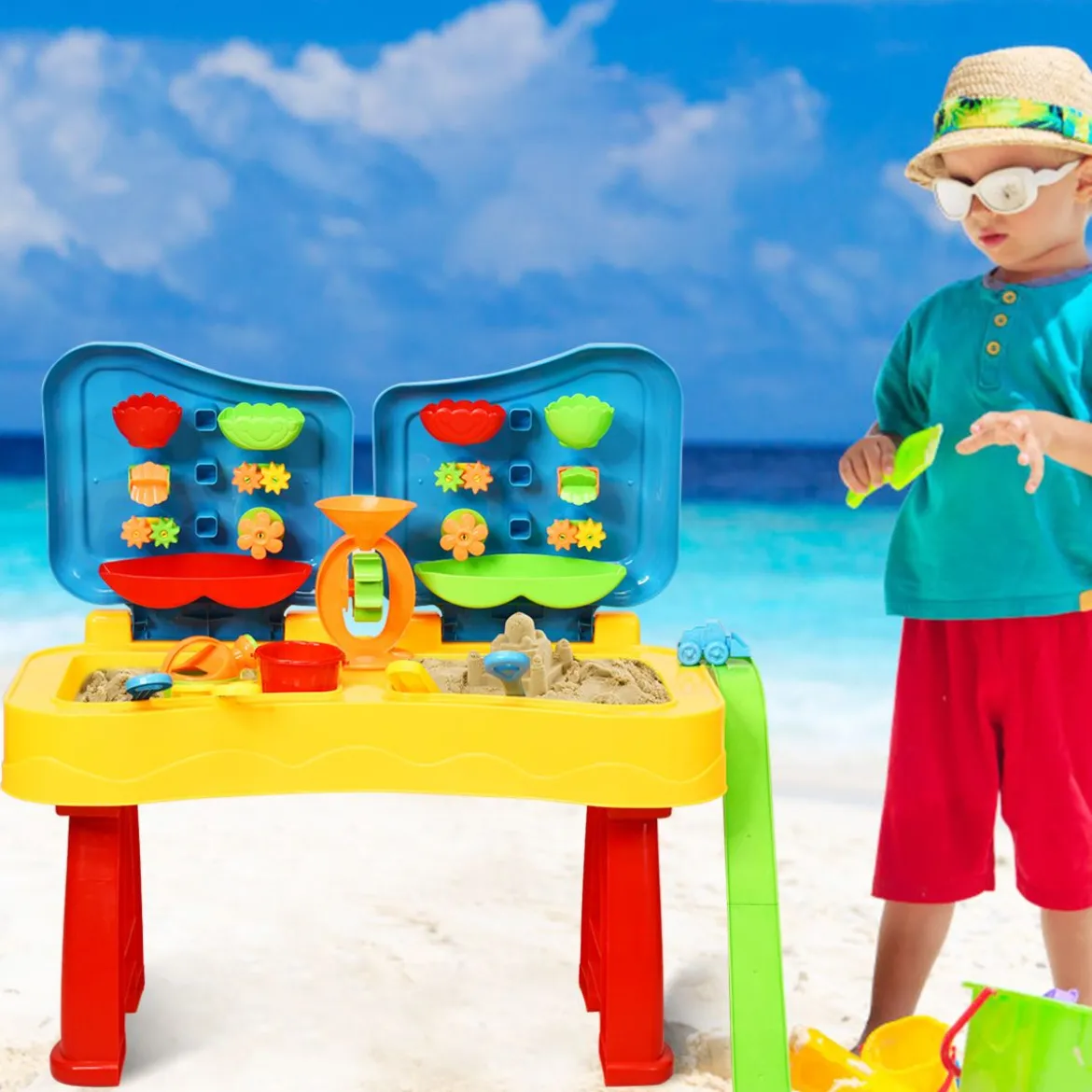 2-in-1 Sand- & Wasserspieltisch Sandkastentisch Spieltisch Sandkasten Spielzeug für innen- & Außen für Kinder 31-teilig