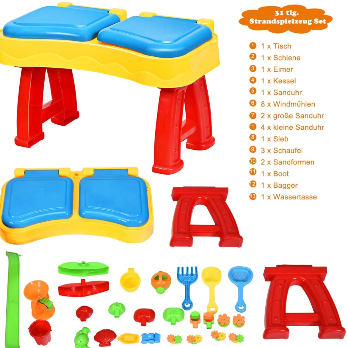 2-in-1 Sand- & Wasserspieltisch Sandkastentisch Spieltisch Sandkasten Spielzeug für innen- & Außen für Kinder 31-teilig