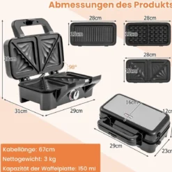 3-in-1-Sandwichmaker elektrischer Panini-Pressgrill mit abnehmbaren Antihaft-Platten