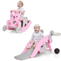 4-in-1 Schaukelpferd & Rutsche Schaukelpferd-Rutsche mit Basketballkorb & Ringwurfspiel Rosa