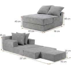 2 in 1 Schlafsofa Klappbares Bodensofa aus Korallenfleece mit Schlaffunktion Boneless Schlafcouch