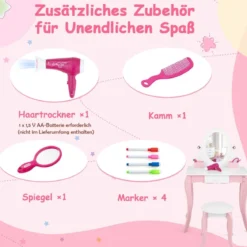 2 in 1 Schminktisch & Hocker für Kinder mit Spiegel 60 x 34 x 100 cm Pink + Weiß