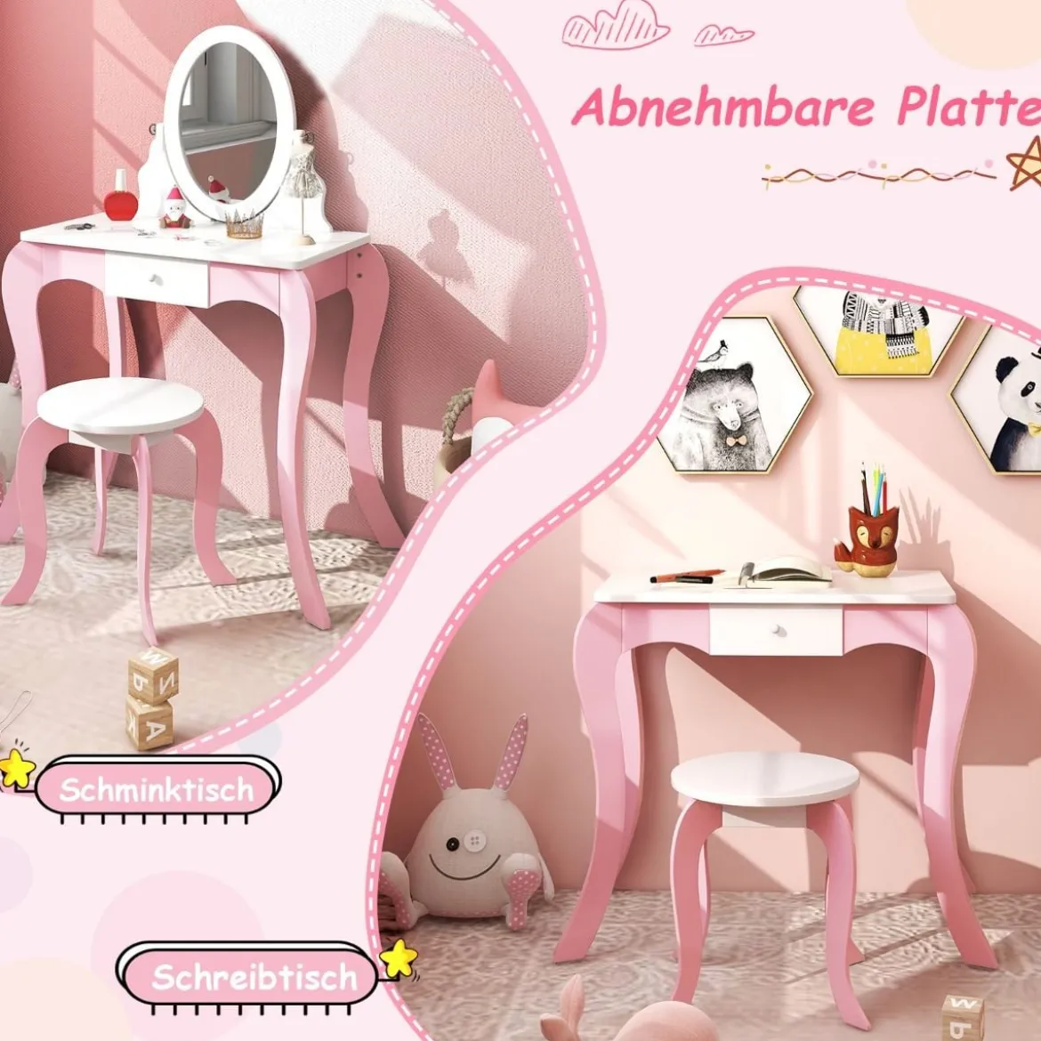 2 in 1 Schminktisch & Hocker für Kinder mit Spiegel 60 x 34 x 100 cm Pink + Weiß