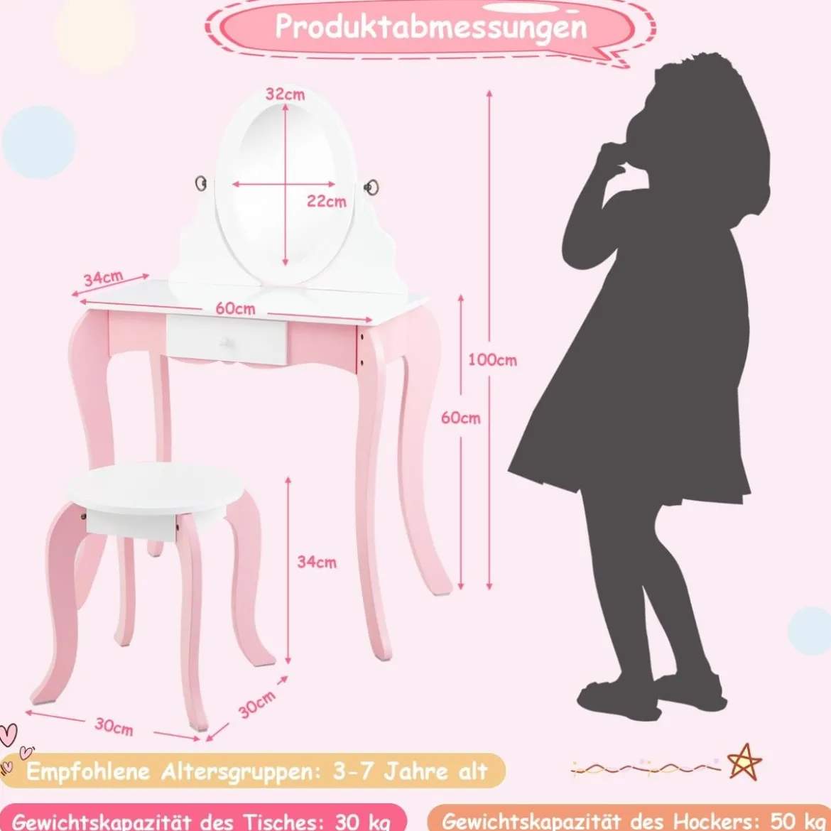 2 in 1 Schminktisch & Hocker für Kinder mit Spiegel 60 x 34 x 100 cm Pink + Weiß