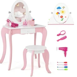 2 in 1 Schminktisch & Hocker für Kinder mit Spiegel 60 x 34 x 100 cm Pink + Weiß