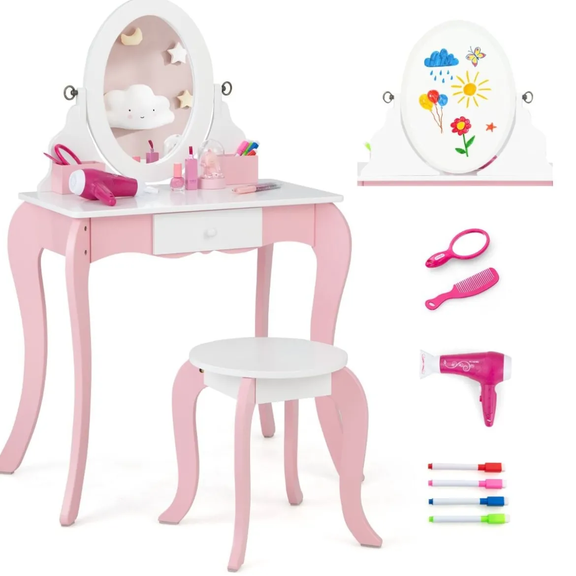 2 in 1 Schminktisch & Hocker für Kinder mit Spiegel 60 x 34 x 100 cm Pink + Weiß