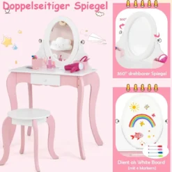 2 in 1 Schminktisch & Hocker für Kinder mit Spiegel 60 x 34 x 100 cm Pink + Weiß