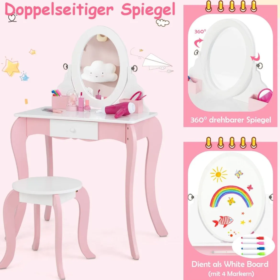 2 in 1 Schminktisch & Hocker für Kinder mit Spiegel 60 x 34 x 100 cm Pink + Weiß