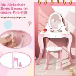 2 in 1 Schminktisch & Hocker für Kinder mit Spiegel 60 x 34 x 100 cm Pink + Weiß