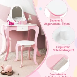 2 in 1 Schminktisch & Hocker für Kinder mit Spiegel 60 x 34 x 100 cm Pink + Weiß