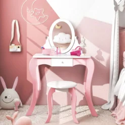 2 in 1 Schminktisch & Hocker für Kinder mit Spiegel 60 x 34 x 100 cm Pink + Weiß