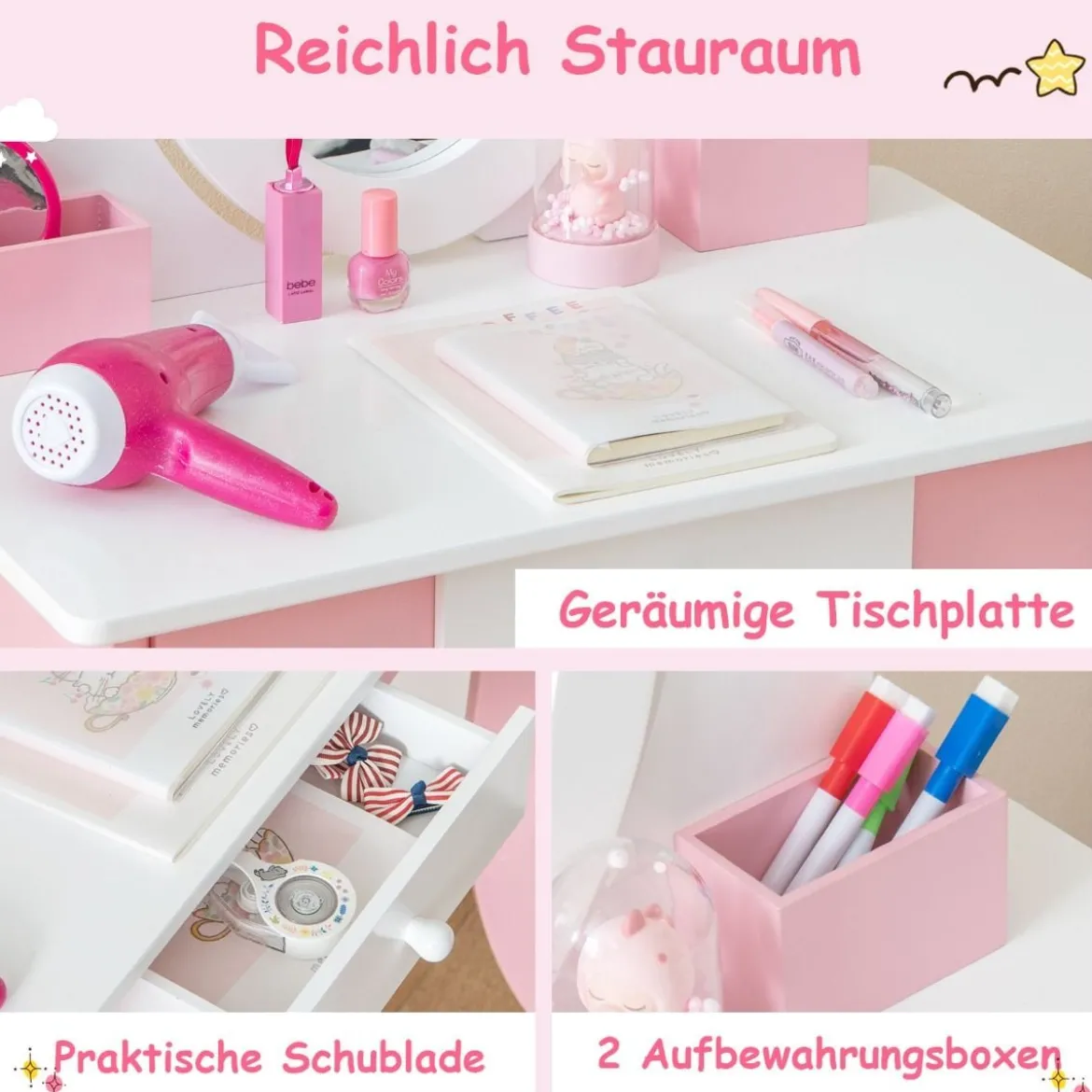 2 in 1 Schminktisch & Hocker für Kinder mit Spiegel 60 x 34 x 100 cm Pink + Weiß