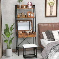2 in 1 Schminktisch mit Hocker & Spiegel & Doppelten Ablagen & Verstecktem Schrank Schwarz Braun