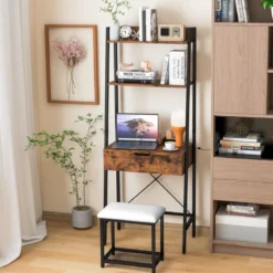 2 in 1 Schminktisch mit Hocker & Spiegel & Doppelten Ablagen & Verstecktem Schrank Schwarz Braun