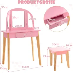 2-in-1-Schminktischset für Kinder Schminktisch & Hocker aus Holz 60 x 30 x 95 cm Rosa + Natur