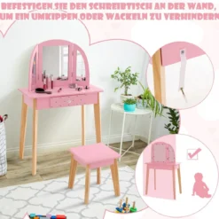 2-in-1-Schminktischset für Kinder Schminktisch & Hocker aus Holz 60 x 30 x 95 cm Rosa + Natur