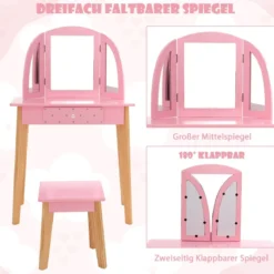 2-in-1-Schminktischset für Kinder Schminktisch & Hocker aus Holz 60 x 30 x 95 cm Rosa + Natur