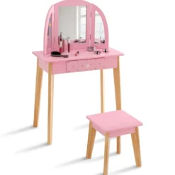 2-in-1-Schminktischset für Kinder Schminktisch & Hocker aus Holz 60 x 30 x 95 cm Rosa + Natur