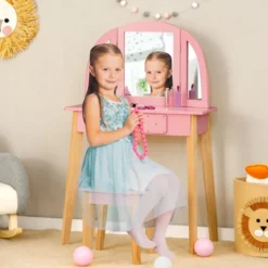 2-in-1-Schminktischset für Kinder Schminktisch & Hocker aus Holz 60 x 30 x 95 cm Rosa + Natur