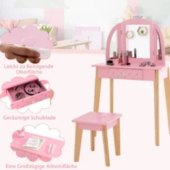 2-in-1-Schminktischset für Kinder Schminktisch & Hocker aus Holz 60 x 30 x 95 cm Rosa + Natur