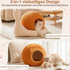 2 in 1 Schneckenförmige Katzenhöhle mit Waschbarem Kissen & Rutschfester Unterseite & Geschlossenem Katzenbett