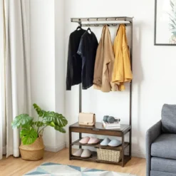 3-in-1-Schuhablage Eingangsablage Garderobenständer Sitzbank 70,5 x 33 x 175 cm Braun
