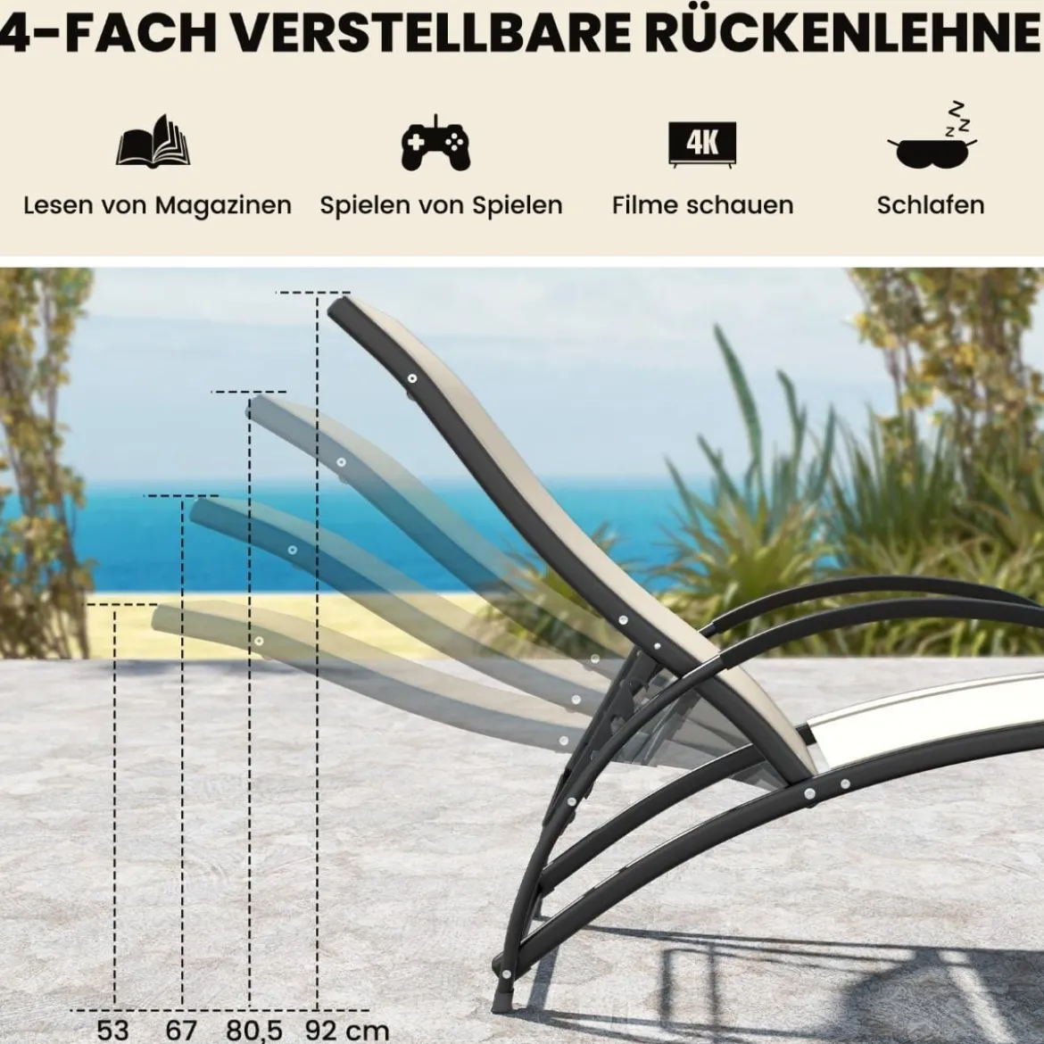 2 in 1 Sonnenliege wandelbarer Schaukelstuhl mit Verstellbarer Rückenlehne und gebogenen Armlehnen Beige