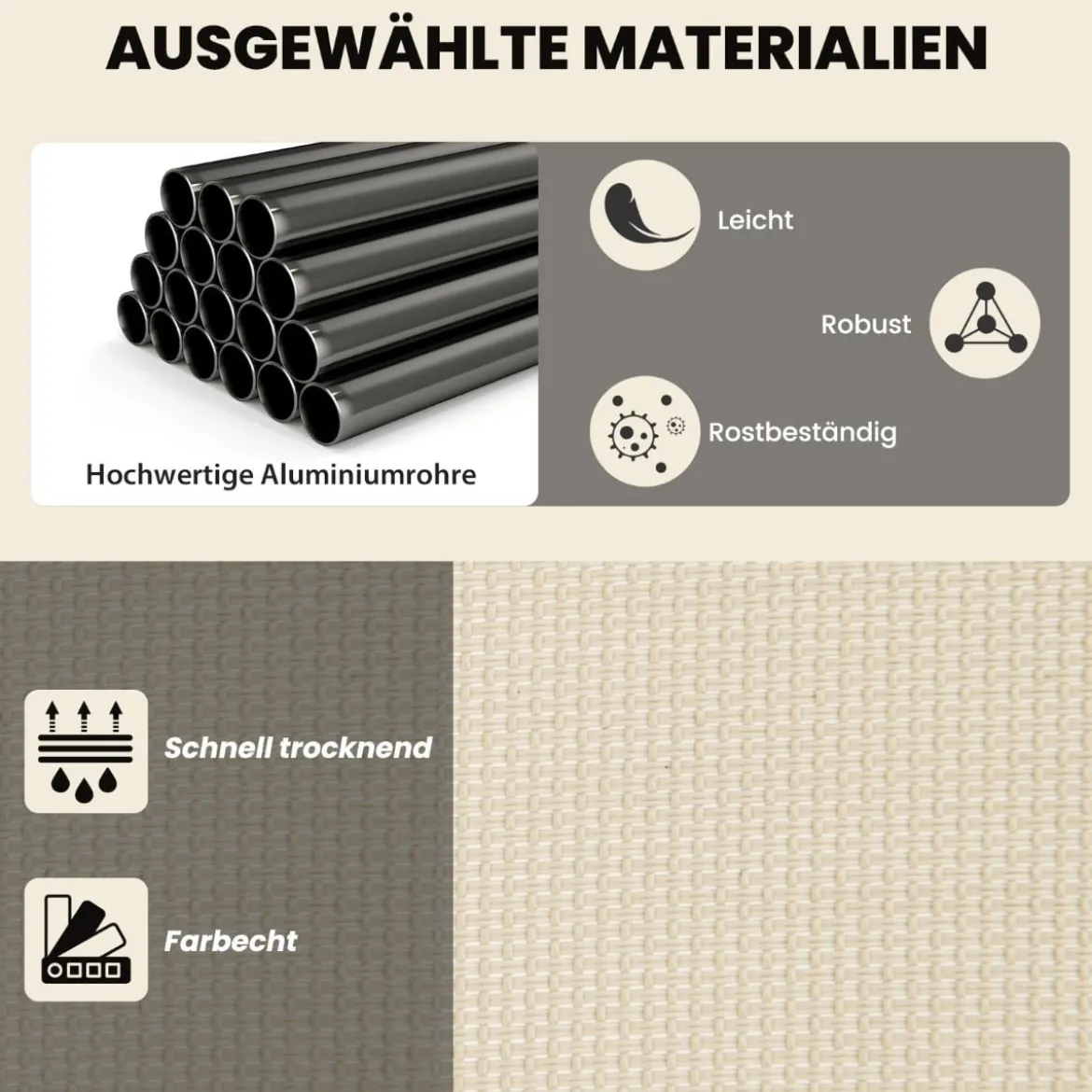2 in 1 Sonnenliege wandelbarer Schaukelstuhl mit Verstellbarer Rückenlehne und gebogenen Armlehnen Beige