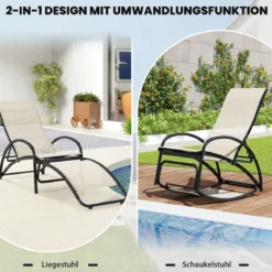 2 in 1 Sonnenliege wandelbarer Schaukelstuhl mit Verstellbarer Rückenlehne und gebogenen Armlehnen Beige