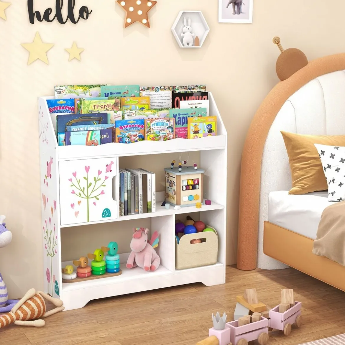 3 in 1 Spielzeugregal mit Ablagefächer & Tür 3 Stöckiges Kinderregal Bücherregal 93 x 30 x 100 cm Weiß