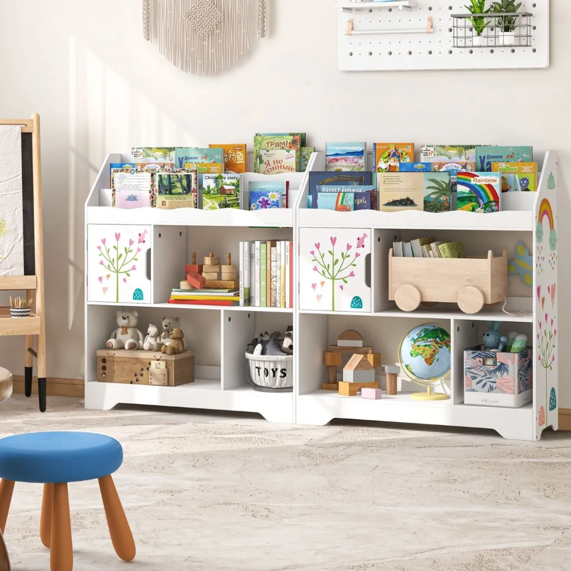 3 in 1 Spielzeugregal mit Ablagefächer & Tür 3 Stöckiges Kinderregal Bücherregal 93 x 30 x 100 cm Weiß