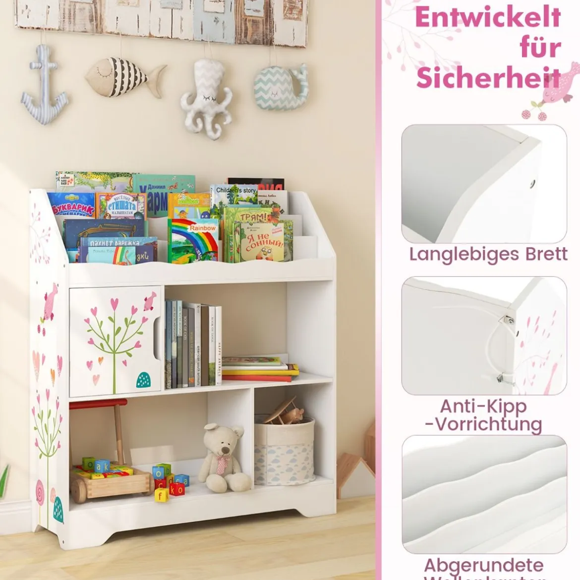 3 in 1 Spielzeugregal mit Ablagefächer & Tür 3 Stöckiges Kinderregal Bücherregal 93 x 30 x 100 cm Weiß