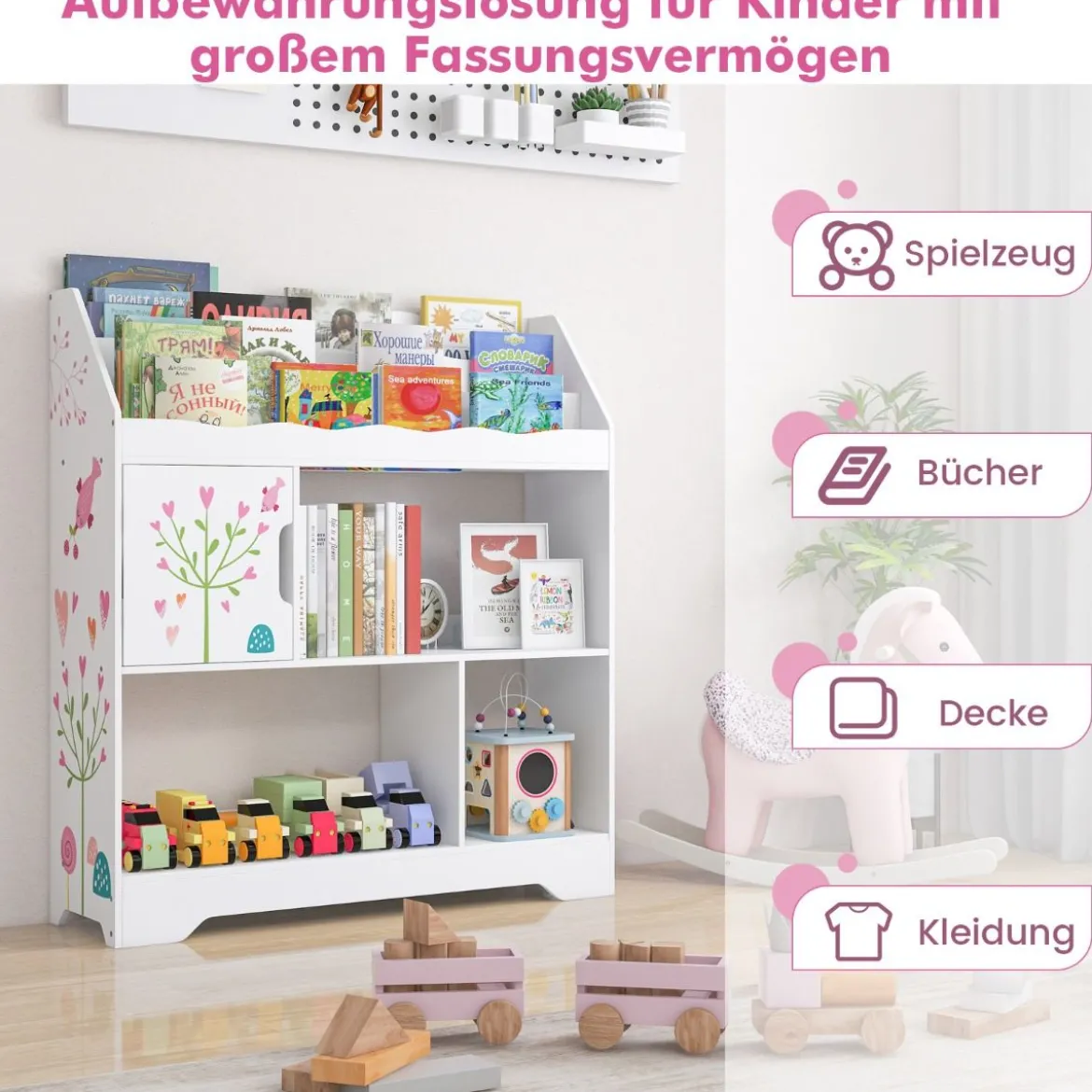 3 in 1 Spielzeugregal mit Ablagefächer & Tür 3 Stöckiges Kinderregal Bücherregal 93 x 30 x 100 cm Weiß
