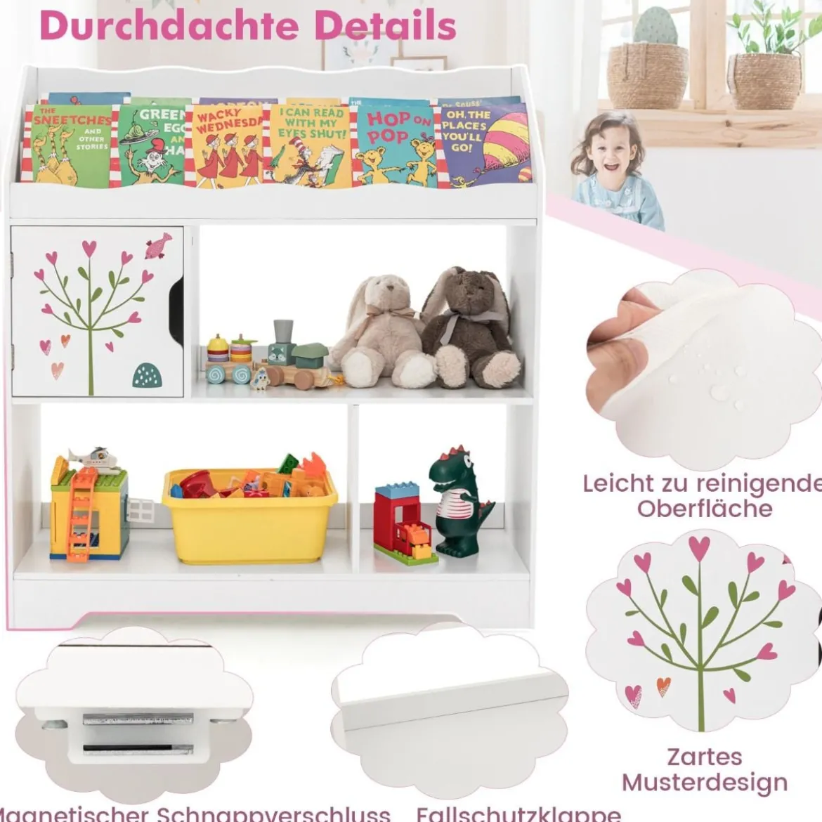 3 in 1 Spielzeugregal mit Ablagefächer & Tür 3 Stöckiges Kinderregal Bücherregal 93 x 30 x 100 cm Weiß