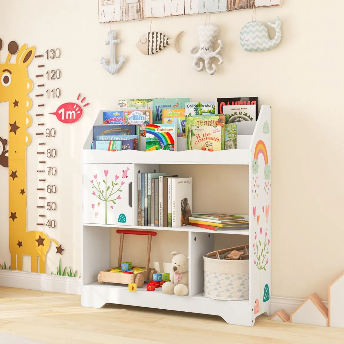 3 in 1 Spielzeugregal mit Ablagefächer & Tür 3 Stöckiges Kinderregal Bücherregal 93 x 30 x 100 cm Weiß