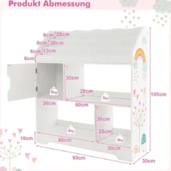 3 in 1 Spielzeugregal mit Ablagefächer & Tür 3 Stöckiges Kinderregal Bücherregal 93 x 30 x 100 cm Weiß