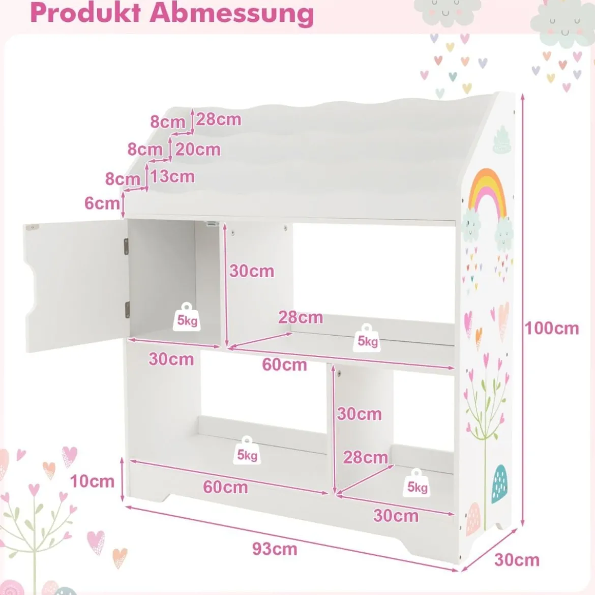 3 in 1 Spielzeugregal mit Ablagefächer & Tür 3 Stöckiges Kinderregal Bücherregal 93 x 30 x 100 cm Weiß