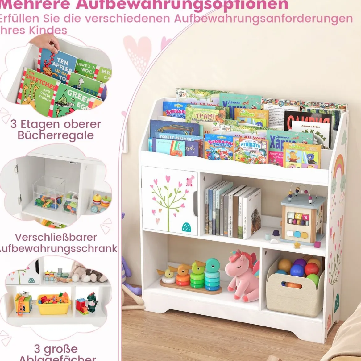 3 in 1 Spielzeugregal mit Ablagefächer & Tür 3 Stöckiges Kinderregal Bücherregal 93 x 30 x 100 cm Weiß