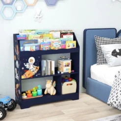 3 in 1 Spielzeugregal mit Ablagefächer & Tür 3 Stöckiges Kinderregal Bücherregal 93 x 30 x 100 cm Blau