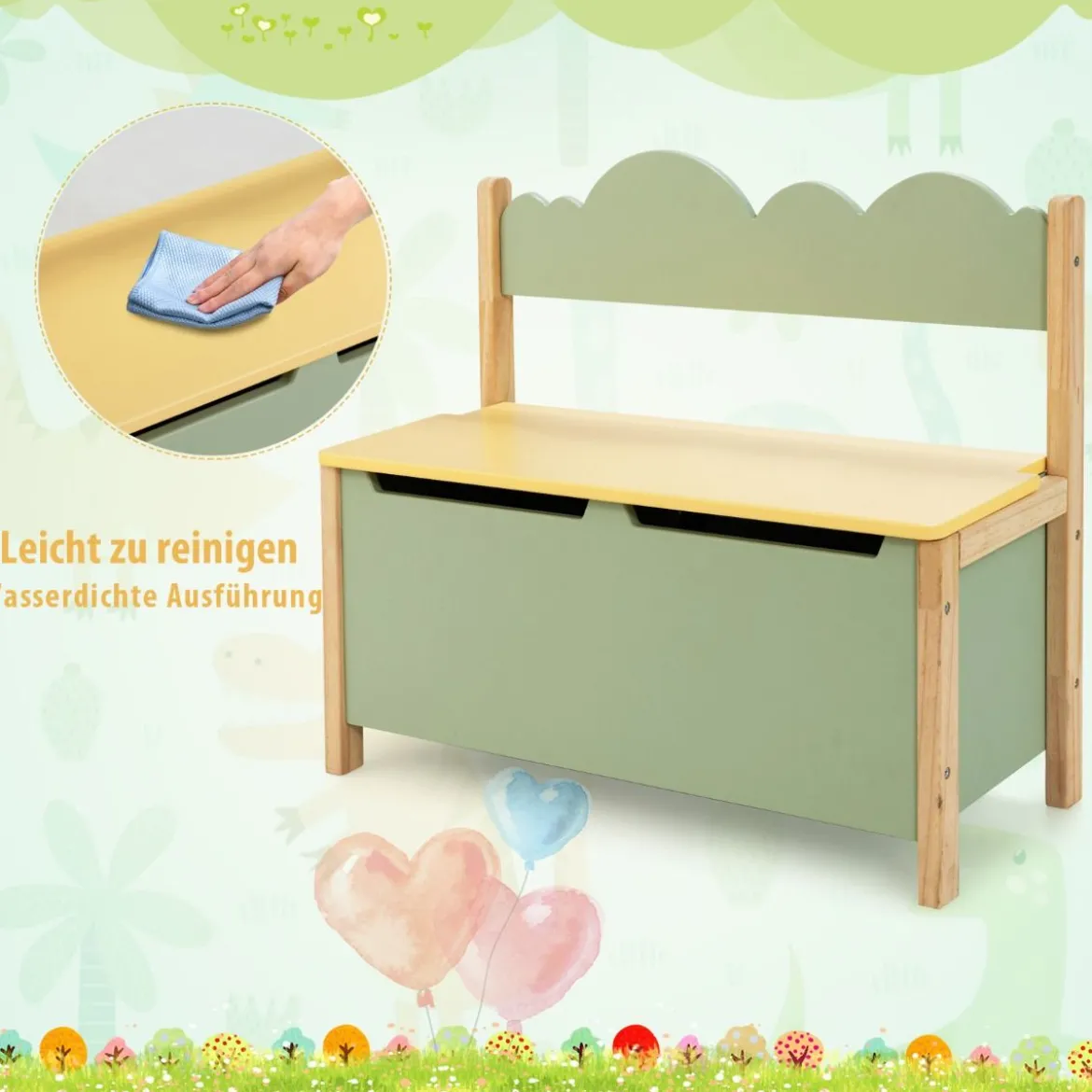 2 in 1 Spielzeugschrank und Sitzbank mit Rücklehne Spielzeugkiste Spielzeugtruhe grün 60 x 26 x 50cm