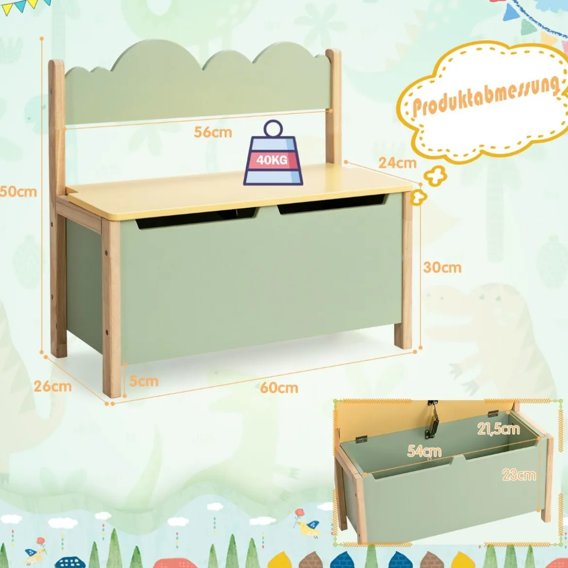 2 in 1 Spielzeugschrank und Sitzbank mit Rücklehne Spielzeugkiste Spielzeugtruhe grün 60 x 26 x 50cm