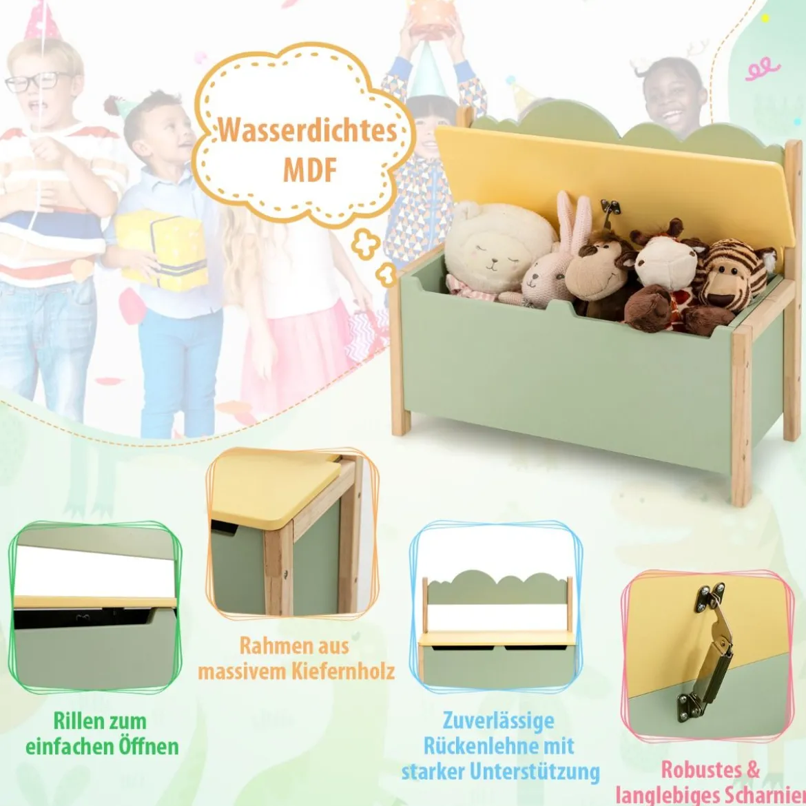 2 in 1 Spielzeugschrank und Sitzbank mit Rücklehne Spielzeugkiste Spielzeugtruhe grün 60 x 26 x 50cm
